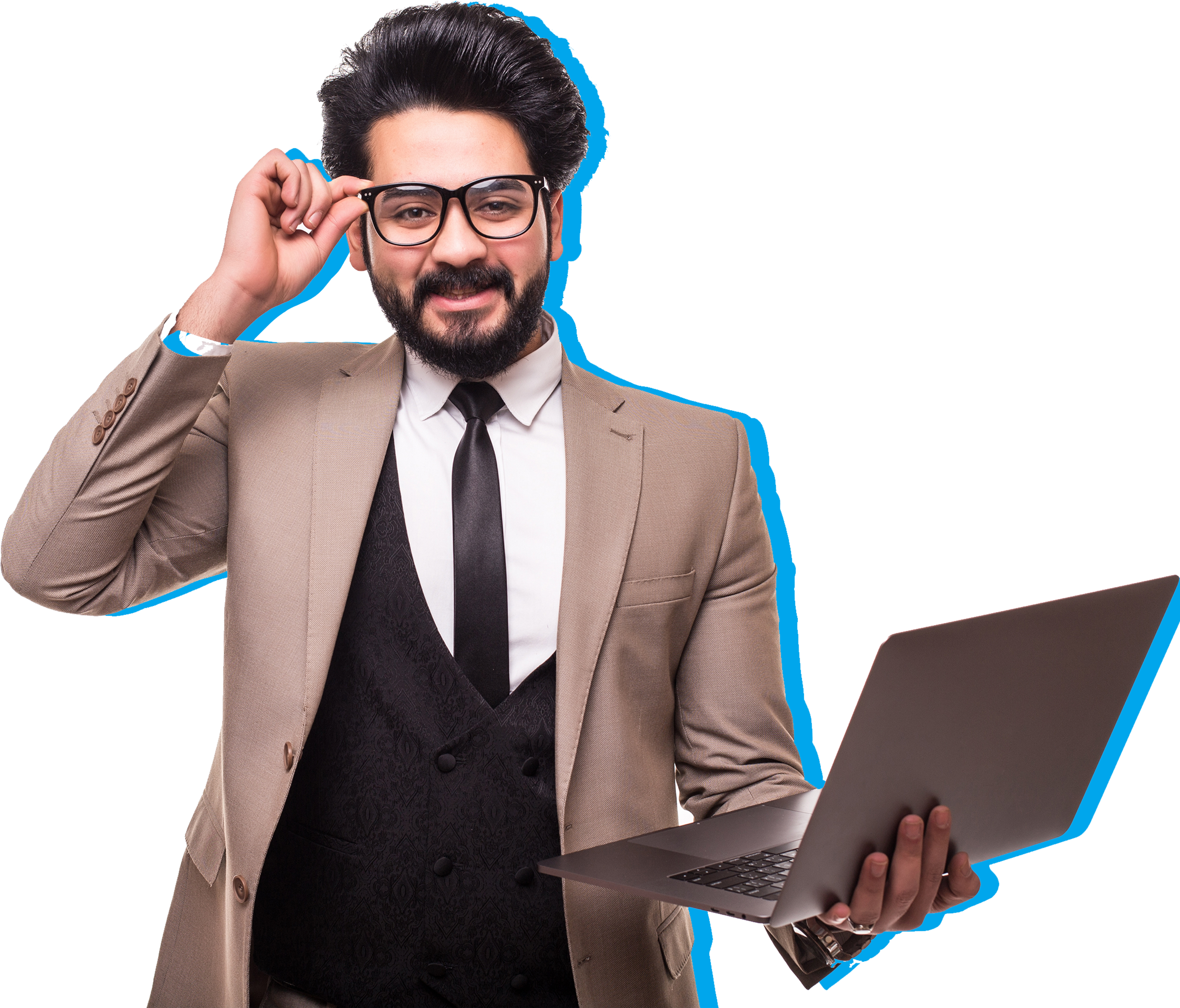 Scout_How to Buy_Man Holding Laptop_Blue
